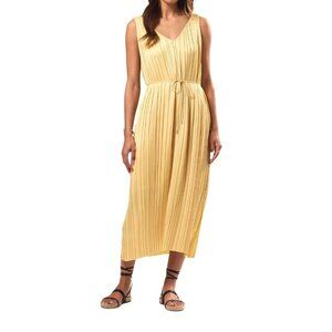 Amour Vert Lisbon-Anise Recycled Sateen Dress L Yellow Sleeveless Pleated Midi